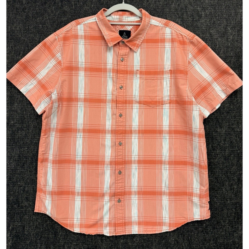 PrAna Short Sleeve Shirt Mens Orange Plaid Button Up Outdoor Camp Organic XL